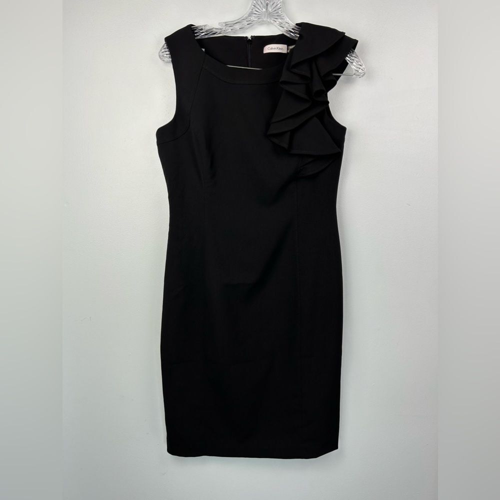 Calvin Klein Ruffle Flutter Sleeve Sheath Dress Black Back Zip Cocktail LBD Sz 4